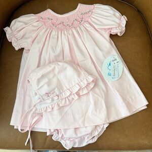 Luli & Me Pink Smocked Bishop Baby Dress with Bonnet and Bloomers